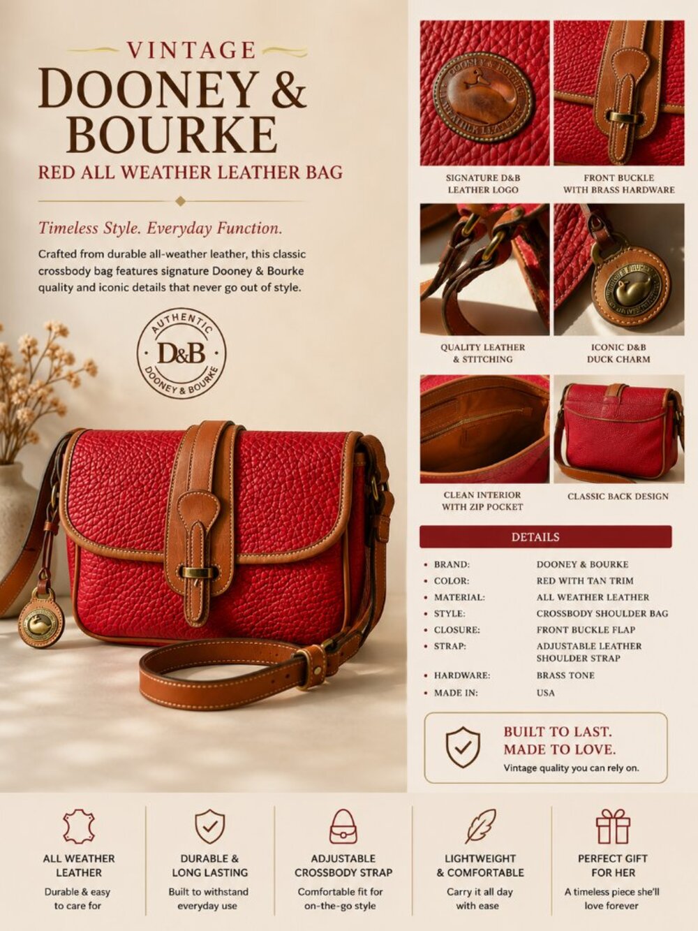 Vintage Dooney & Bourke Red Pebbled All Weather Leather Bag
